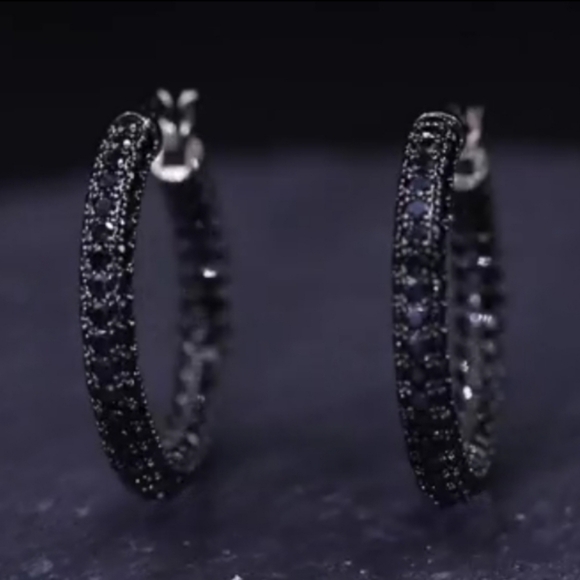 Black Pave Crystal Hoop Earrings Rhinestone Covered Blackened Metal Small Hoops - Picture 9 of 14